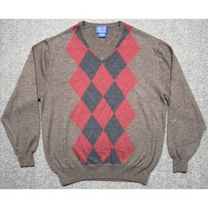 Pendleton Sweater Mens Large Brown Red Argyle V Neck Merino Wool‎ Pullover